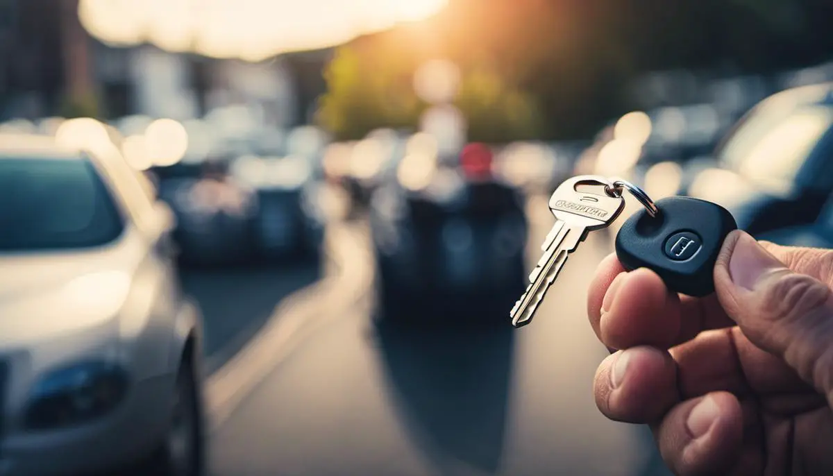 Image of a person holding a car key, representing the topic of attending driving school.