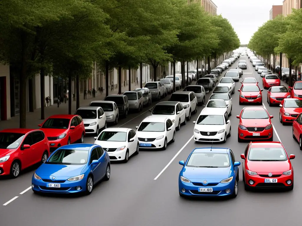 A diverse collection of economical cars lined up on a city street.