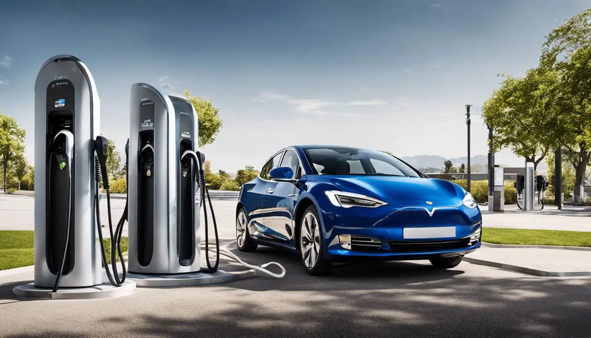 Image of electric car charging stations, showing the different types of connectors and chargers available