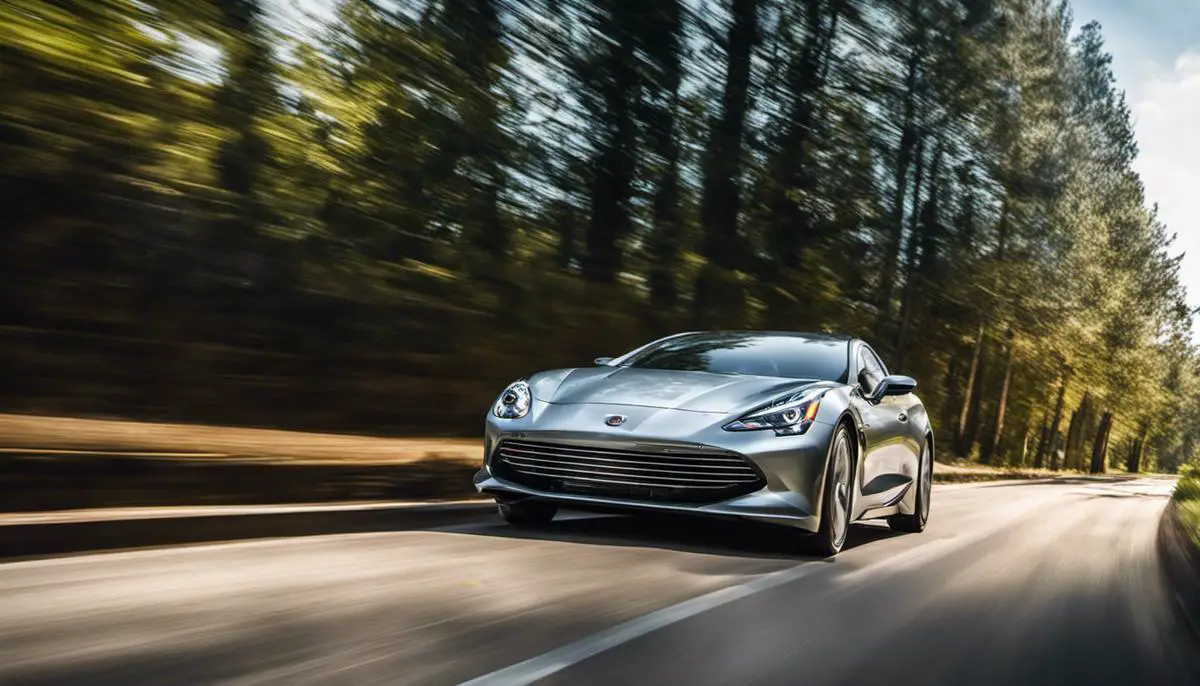 A photo of a hybrid car driving on a road.