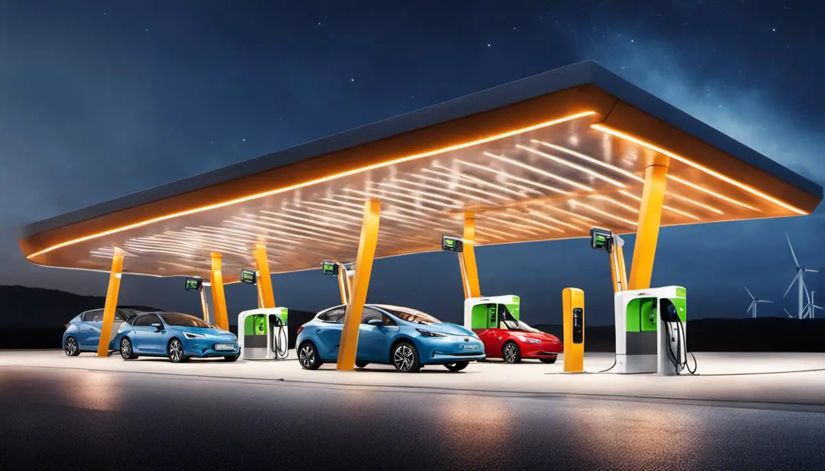 Illustration montrant une station de recharge électrique avec des voitures branchées, symbolisant l'impact environnemental positif des stations de recharge électrique.