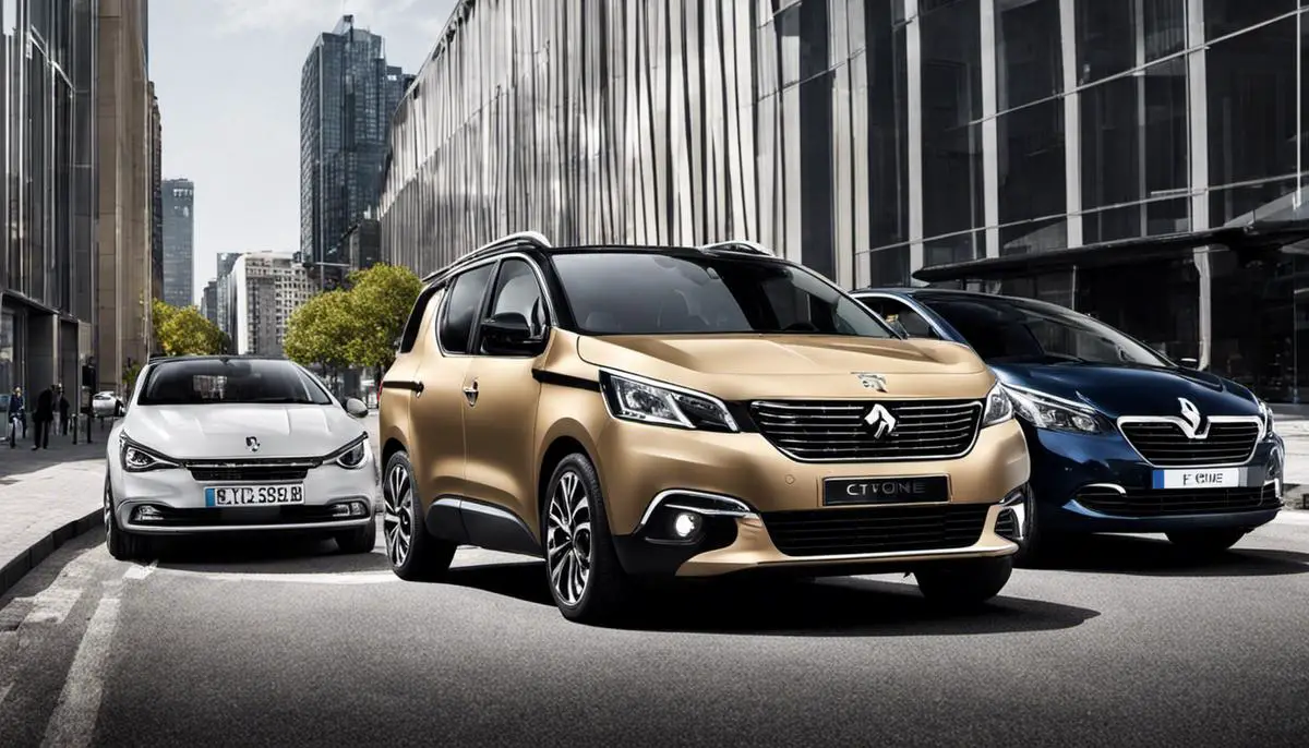 Deux voitures de classe citadine, une Peugeot et une Renault, présentées côte à côte sur une route urbaine.