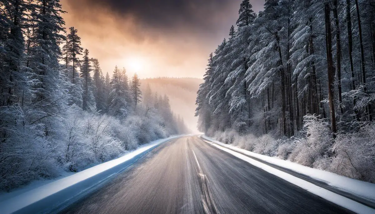 Photo de pneus hiver sur une route enneigée.