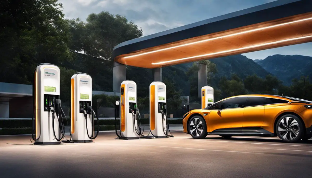 Image d'une station de recharge électrique avec des voitures branchées, montrant le processus de recharge des véhicules électriques.