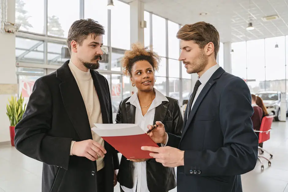 Image représentant le rôle d'un concessionnaire, montrant un vendeur de voitures avec un client dans un salon automobile.